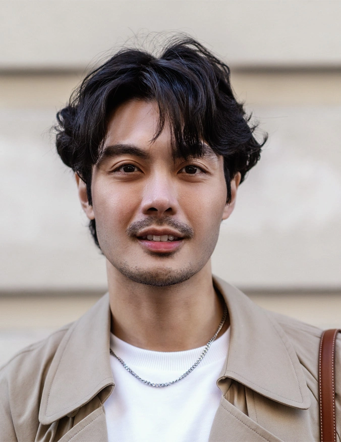 A close up of a man looking directly in camera. He is wearing a silver chain, a white Tshirt, and a tan jacket over top. He has some facial hair including a mustache. He has dark brown hair and dark brown eyes. - Turbinate surgery in Santa Barbara, CA